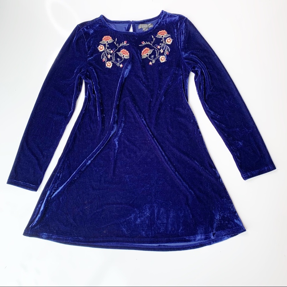 Long Sleeve Floral Embroidered Flowers Blue Velvet Swing Dress